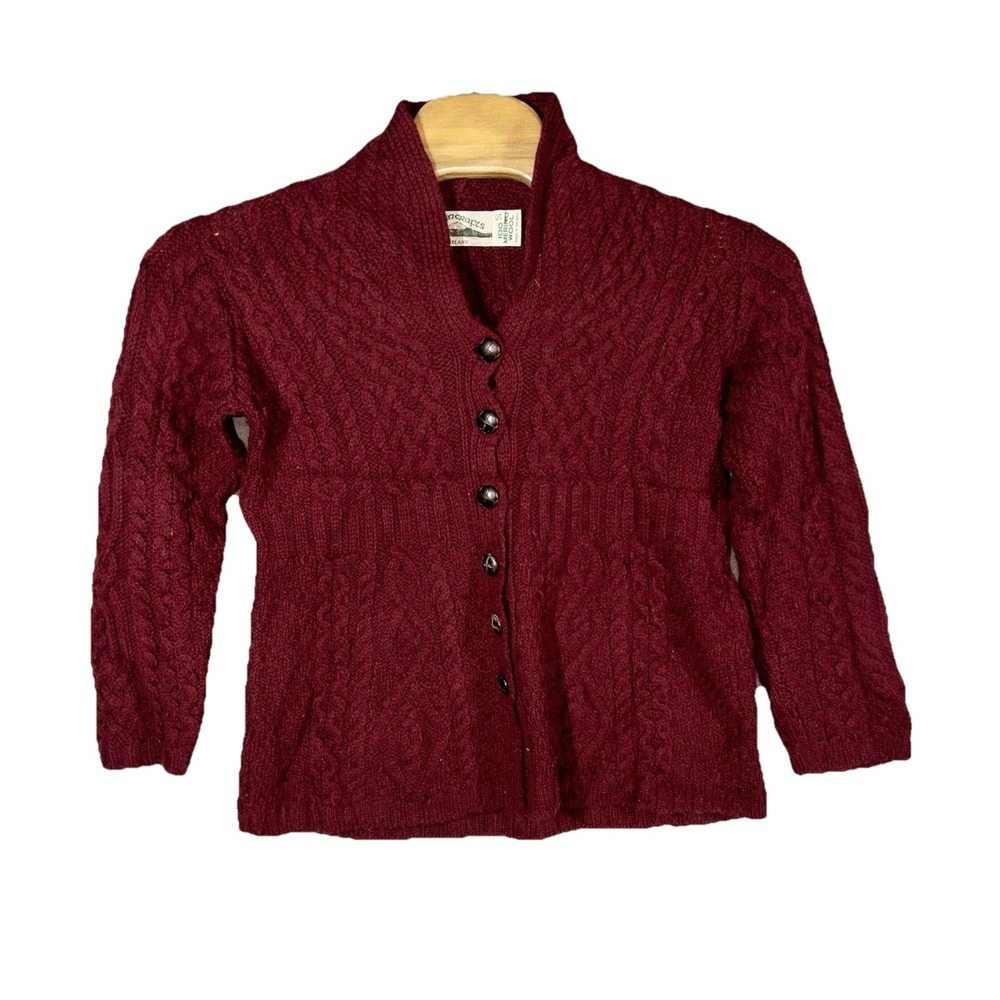 Aran Crafts Wool Cable Knit Cardigan Sweater Womens Small Leather Buttons